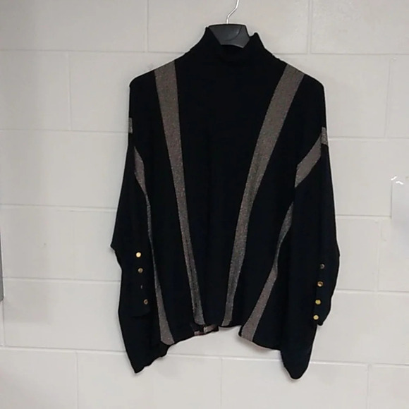 ALFANI BLACK WITH GOLD STRIPES, LONG RIBBED BUTTON DETAIL SLEEVE PONCHO - Picture 1 of 6
